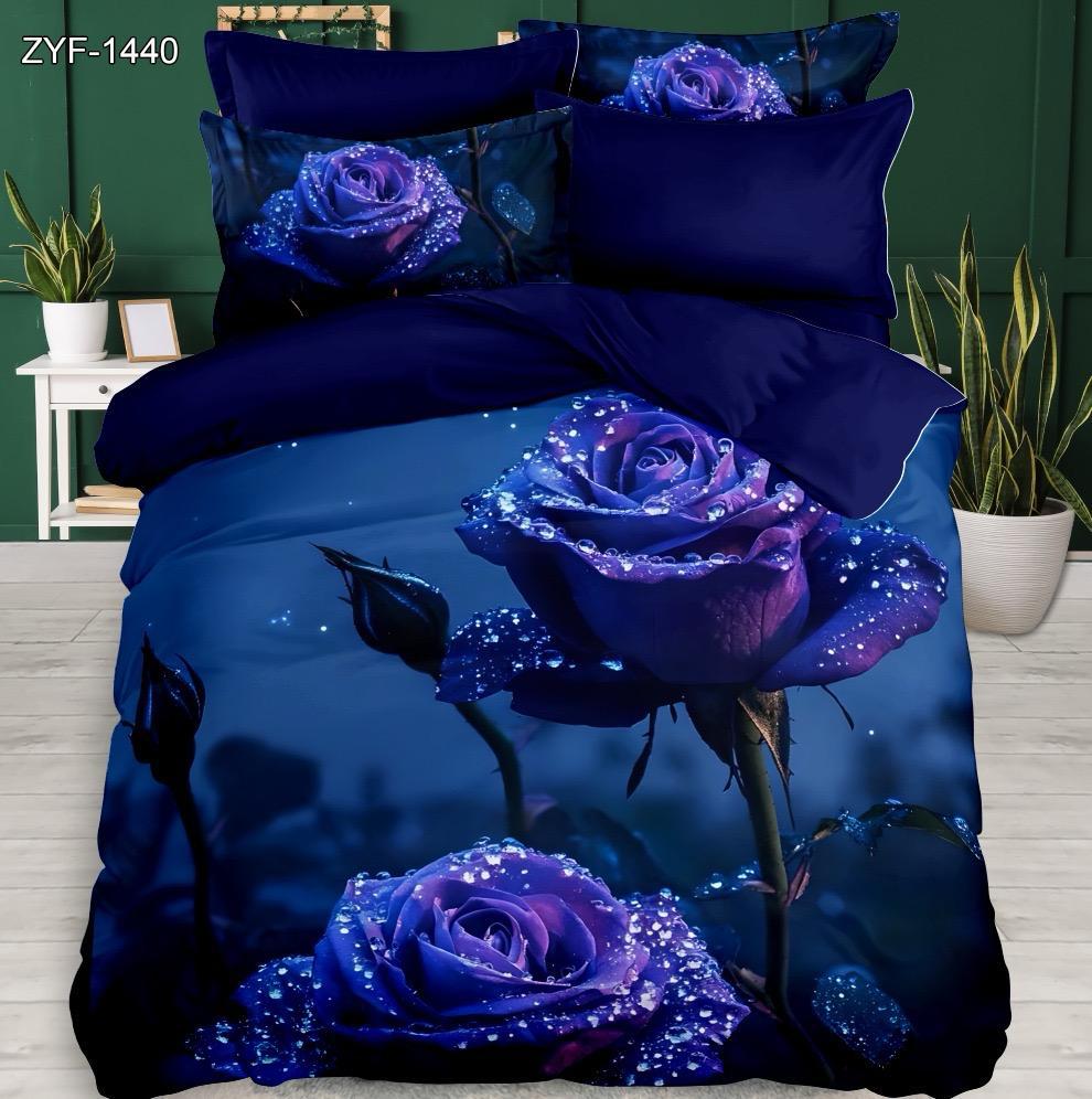 5D digitaal bedrukt lakenset bloemen met blauwe roos en dewdrop -ontwerp
