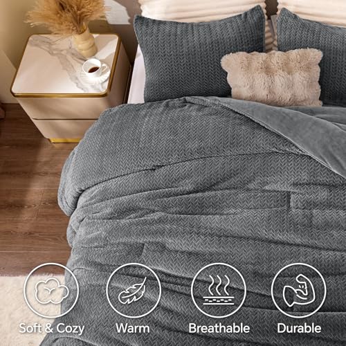 Omkeerbare gebreide flanel- en fluwelen dekbedset – 3-delige beddengoedset met bladtextuur