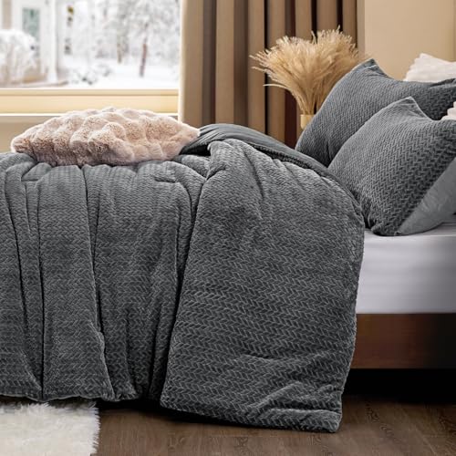 Omkeerbare gebreide flanel- en fluwelen dekbedset – 3-delige beddengoedset met bladtextuur