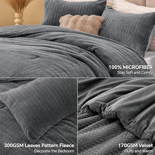 Omkeerbare gebreide flanel- en fluwelen dekbedset – 3-delige beddengoedset met bladtextuur