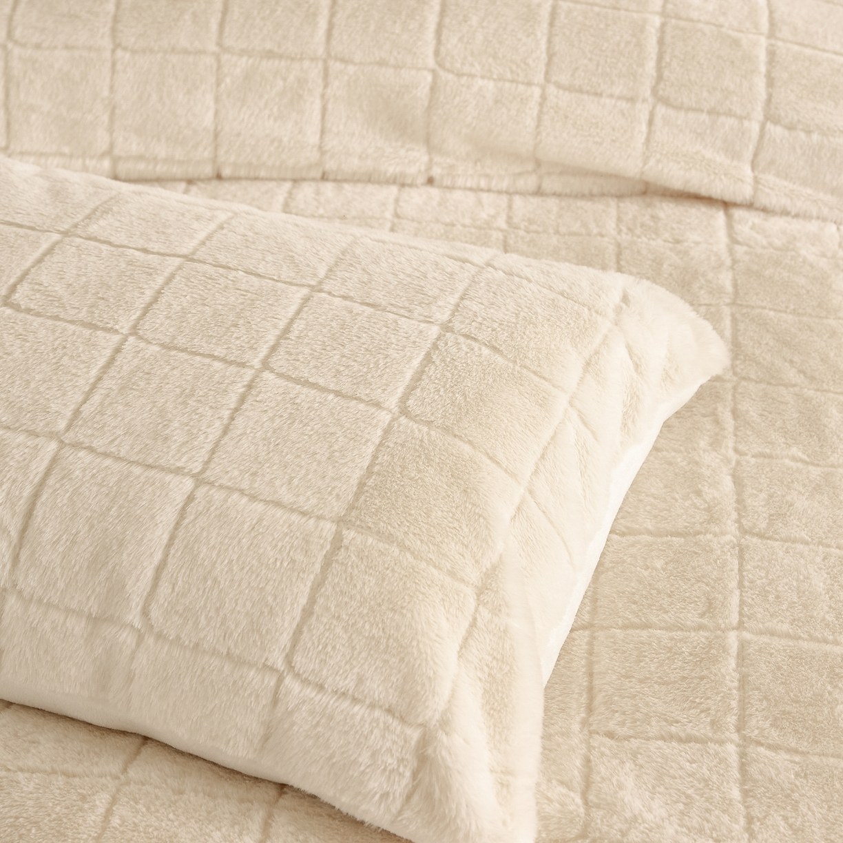 Geruit dekbedset van imitatiekonijnenbont en melkfluweel – 3-delige beddengoedset van zachte jacquard