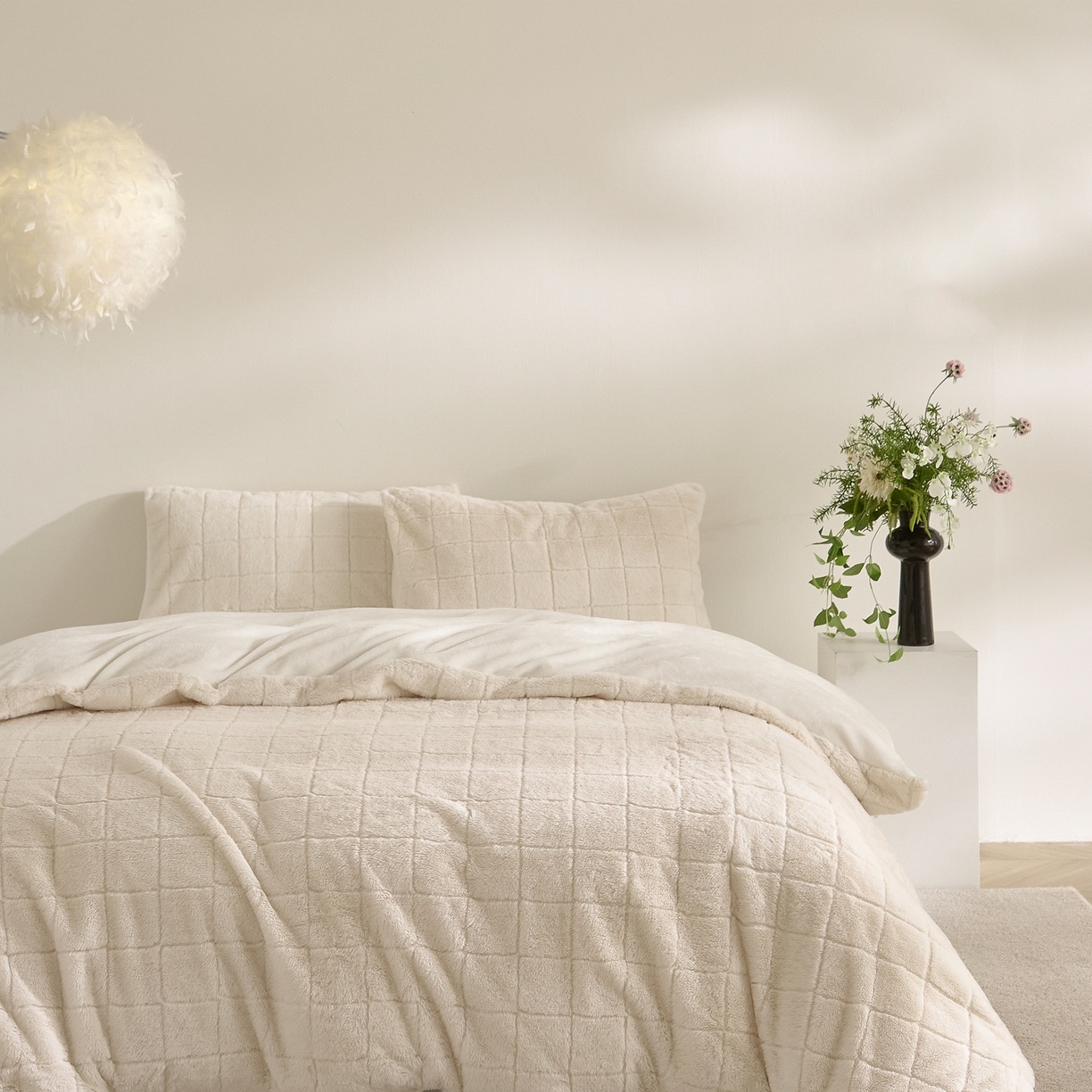 Geruit dekbedset van imitatiekonijnenbont en melkfluweel – 3-delige beddengoedset van zachte jacquard