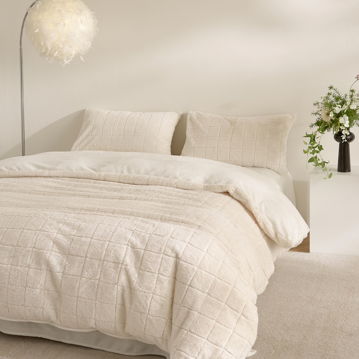 Geruit dekbedset van imitatiekonijnenbont en melkfluweel – 3-delige beddengoedset van zachte jacquard