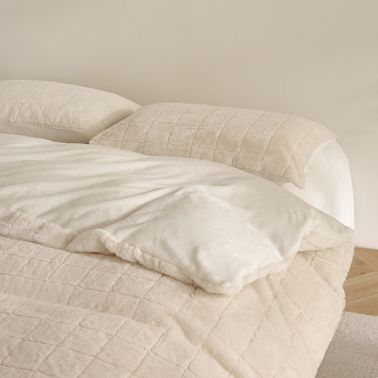 Geruit dekbedset van imitatiekonijnenbont en melkfluweel – 3-delige beddengoedset van zachte jacquard