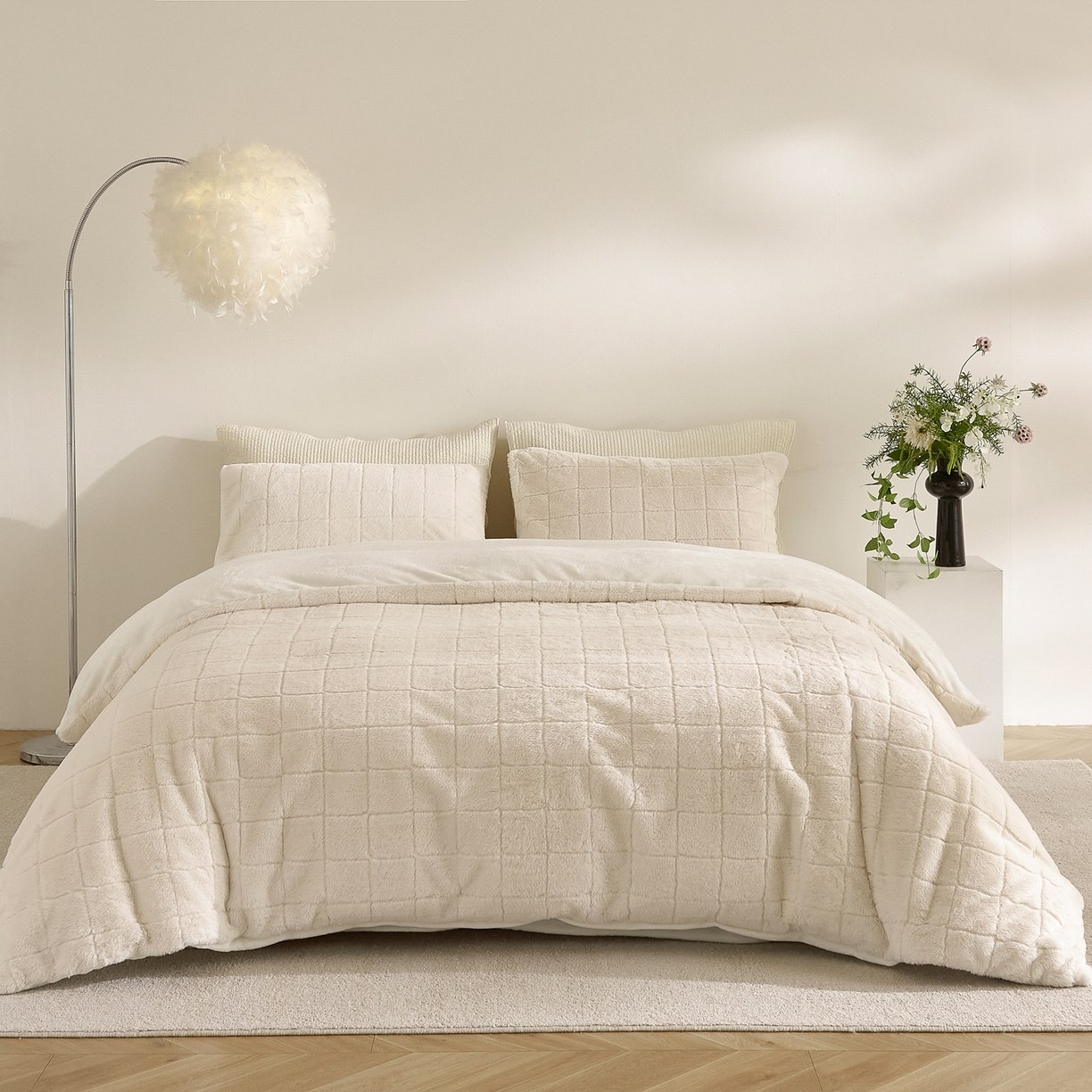 Geruit dekbedset van imitatiekonijnenbont en melkfluweel – 3-delige beddengoedset van zachte jacquard